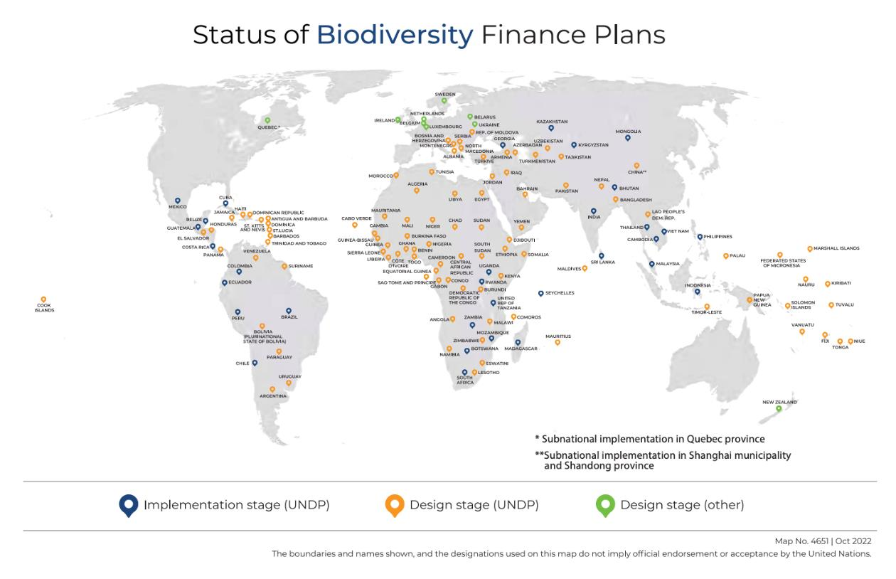 World map showing the status of Biodiversity Finance Plans: countries at implementation stage with UNDP, design stage with UNDP, and design stage with other partners.