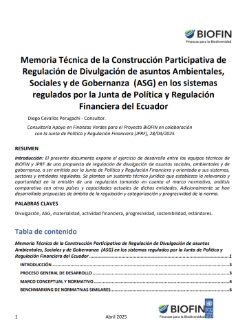 Memoria Tecnica de la Construccion Participativa de Regulacion de Divulgacion de asuntos Ambientales, Sociales y de Gobernanza (ASG)