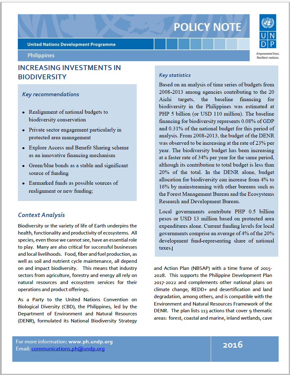 UNDP Philippines Policy Note – Increasing Investments in Biodiversity
