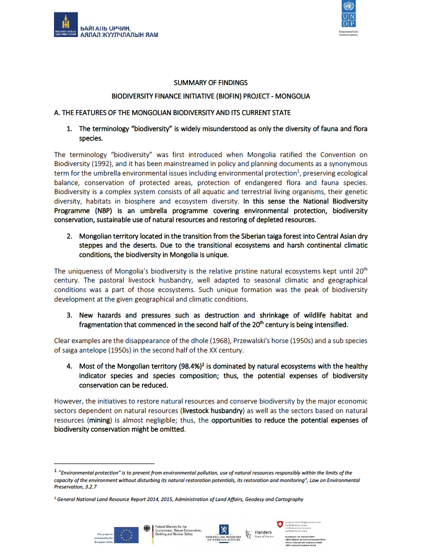 Mongolia BIOFIN Preliminary Findings