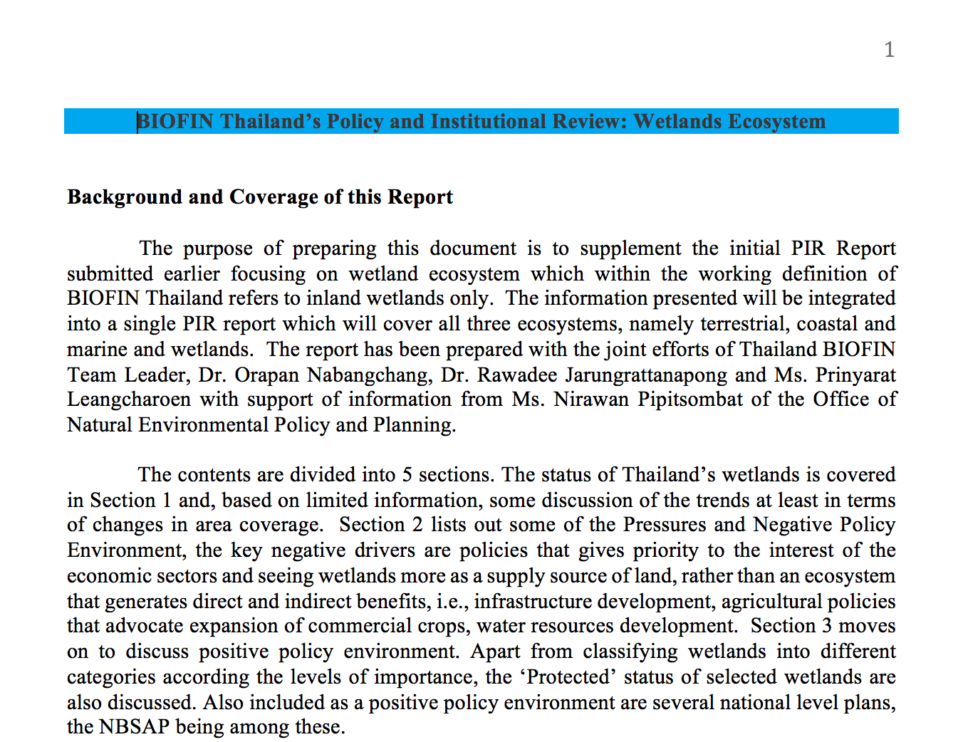 Thailand PIR Wetland Ecosytem Summary