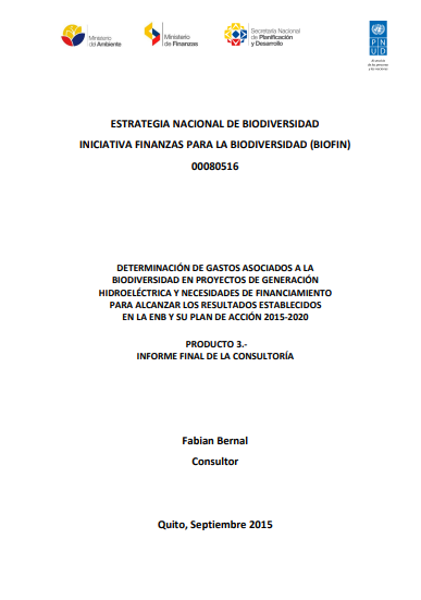 DETERMINACIÓN DE GASTOS ASOCIADOS A LA BIODIVERSIDAD EN PROYECTOS DE GENERACIÓN HIDROELÉCTRICA Y NECESIDADES DE FINANCIAMIENTO PARA ALCANZAR LOS RESULTADOS ESTABLECIDOS  EN LA ENB Y SU PLAN DE ACCIÓN 2015-2020