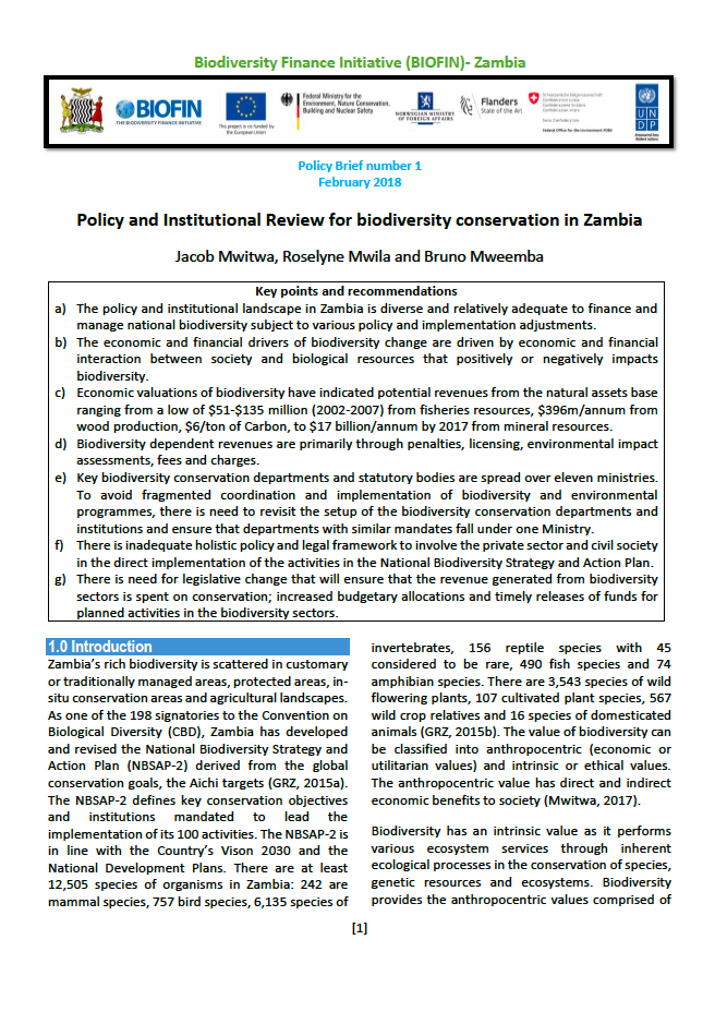 Zambia Policy Brief 1: Policy and Institutional Review for biodiversity conservation in Zambia