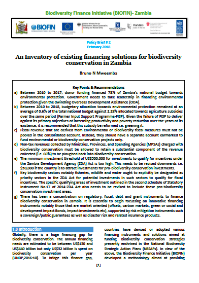 Zambia Policy Brief 2: An Inventory of existing financing solutions for biodiversity conservation in Zambia