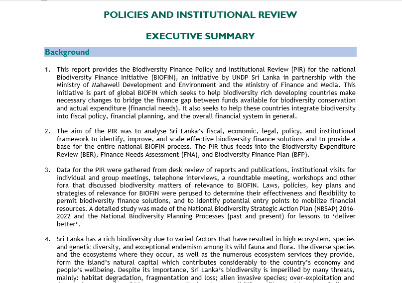 Executive Summary of Policies and Institutional Review-Sri Lanka