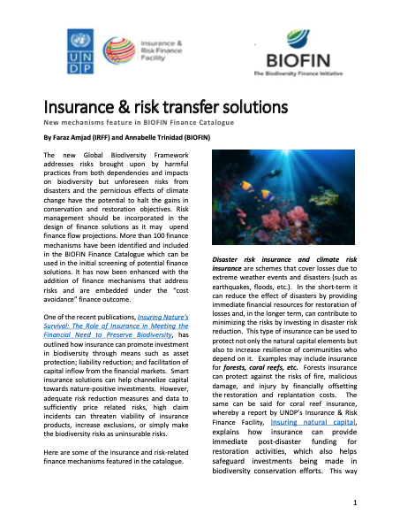 Insurance & risk transfer solutions: New mechanisms feature in BIOFIN Finance Catalogue