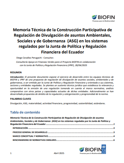 Memoria Tecnica de la Construccion Participativa de Regulacion de Divulgacion de asuntos Ambientales, Sociales y de Gobernanza (ASG)